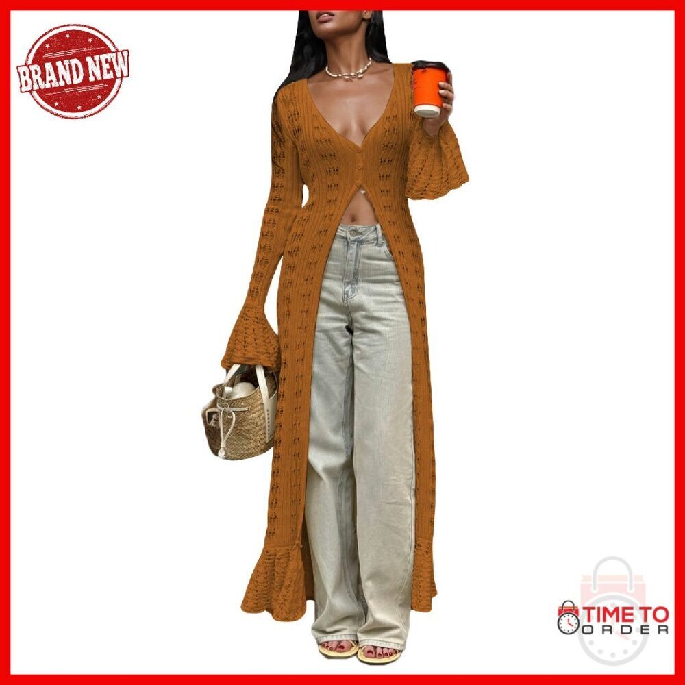 Long Crochet Cardigan Maxi Dress Button Down Boho Cover Up Sweater - Picture 1 of 8